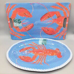 NEW 2pc Tommy Bahama Lobster MELAMINE Serving Platter Set Tray Nautical Red Blue